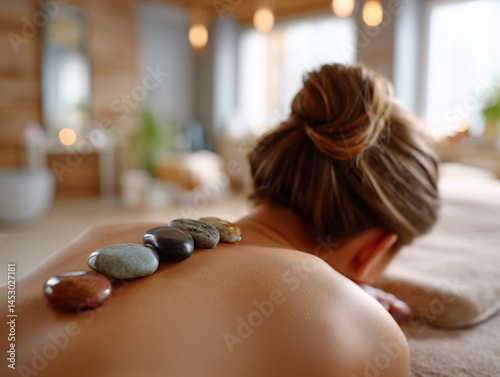 Young woman enjoying hot stone massage at a luxury spa center. Rear view of a female lying on massage table with stones placed on her back.