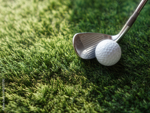Golf club and golf ball on green grass background on sunny day close-up, copy space.