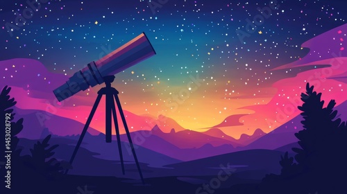 Look through the telescope view of night stars sky with different colors flat vector illustration of outer space background. Banner design