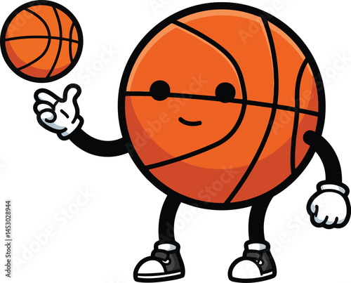 Basketball character spinning small ball on finger with sneakers and gloves playful sports illustration 