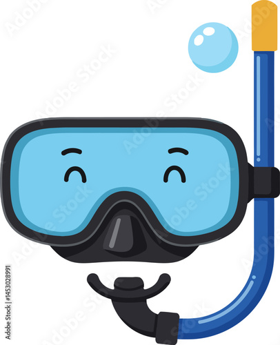 Snorkeling mask and tube diving gear blue and black vector illustration with happy face expression 