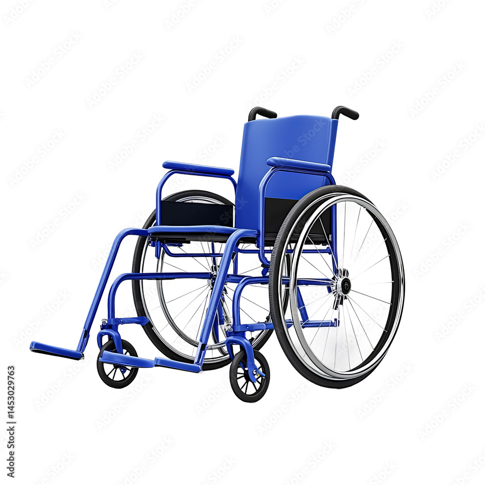 Fototapeta premium Wheelchair Symbolizing Mobility: A close-up, studio shot of a modern wheelchair, painted in striking blue, representing independence, mobility, and freedom in daily living.