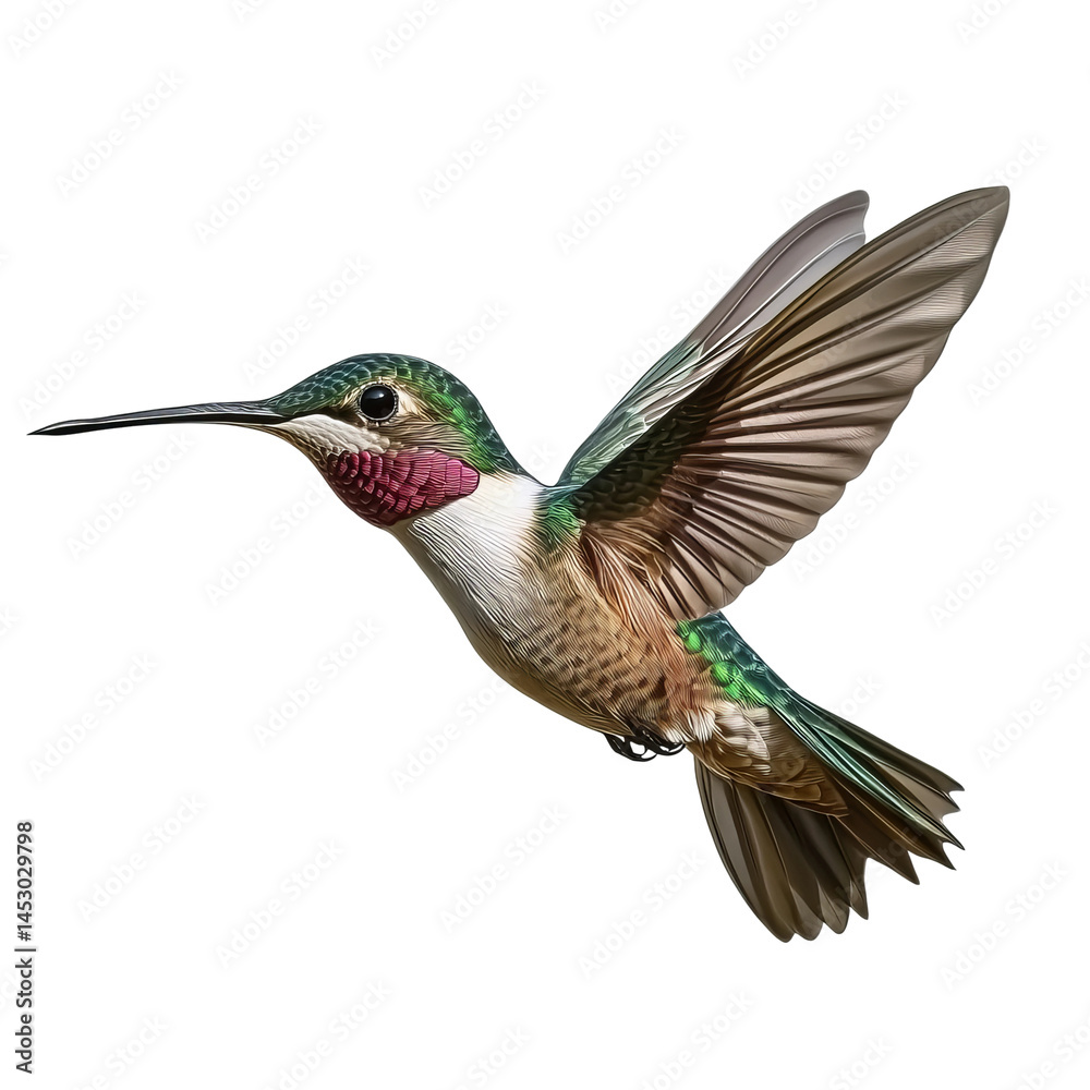 Obraz premium A Hummingbird in Flight against isolated background, illustrating swift movement. The hummingbird exhibits beautiful and vibrant colors.