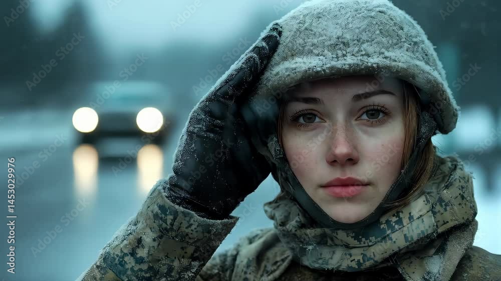 Soldier saluting in winter weather during a patrol on a snowy road in a ...