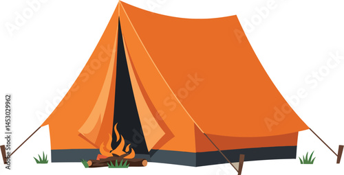 Orange camping tent with campfire outdoor leisure activity illustration vector 