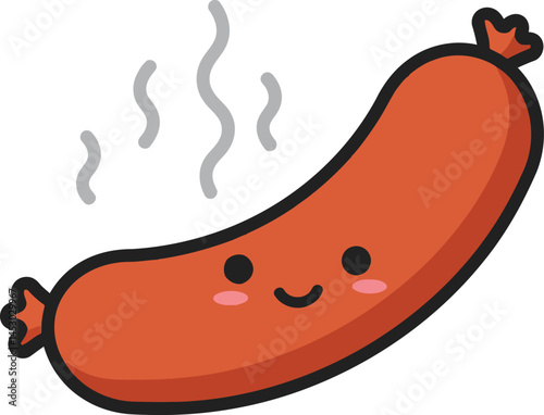 Cute smiling sausage with steam rising vector illustration in simple style for food design and decoration 
