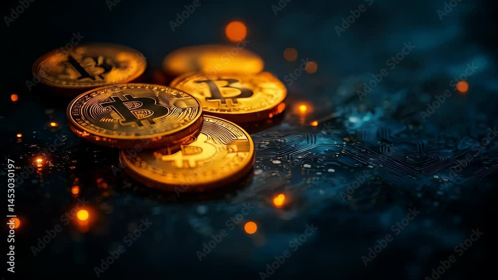 Stacks of golden coins representing digital currency against a dark background with glowing sparks Stacks of golden coins representing digital currency against a dark background with glowing sparks