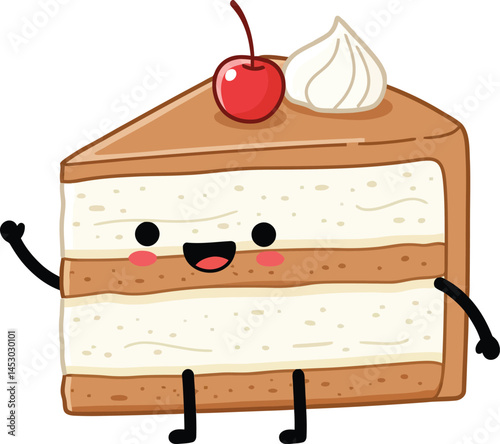 Cute slice of layered cake with cherry and whipped cream cartoon vector illustration 