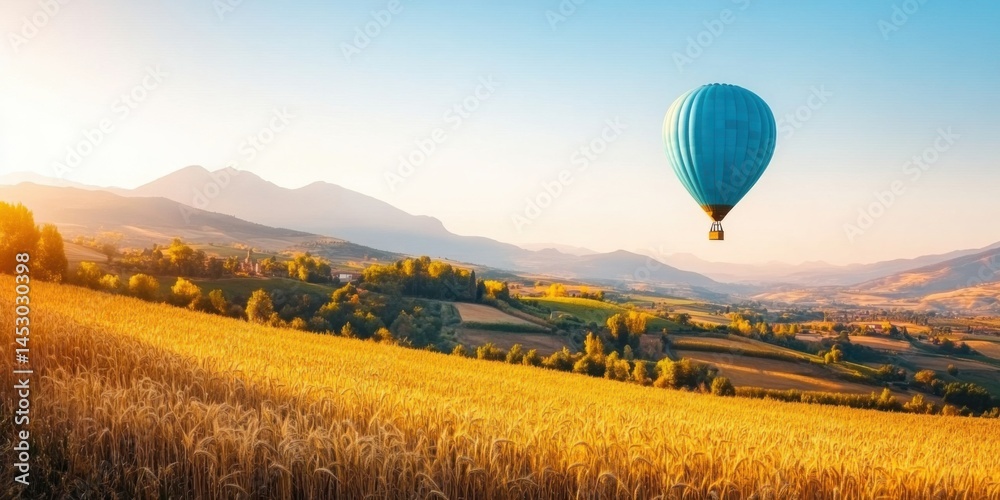 Fototapeta premium A Serene Hot Air Balloon Gliding Gently Over Scenic Fields at the Break of Sunrise
