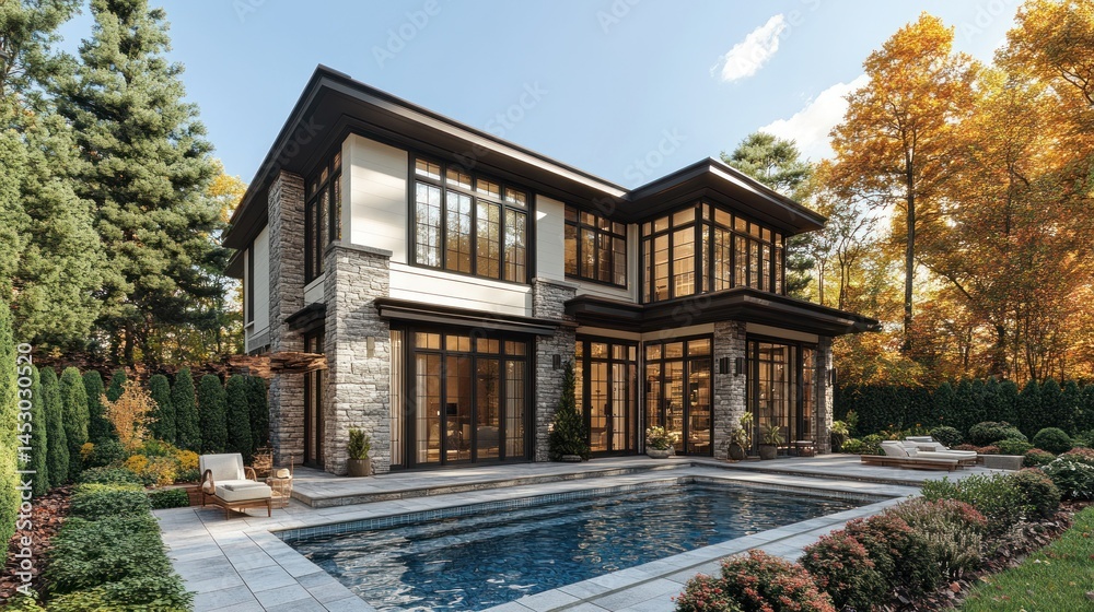 Fototapeta premium Modern house autumn poolside backyard landscape