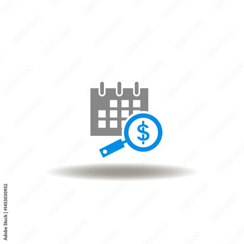 Vector illustration of calendar and magnifying glass with dollar currency. Symbol of factoring. Icon of refinancing of overdue payment.