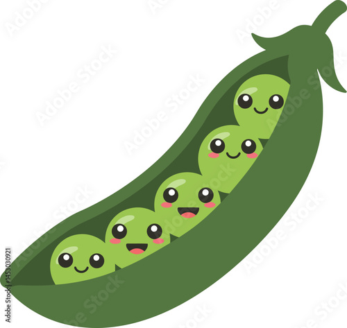 Green pea pod with smiling cute peas in kawaii style vector illustration for children and food design 