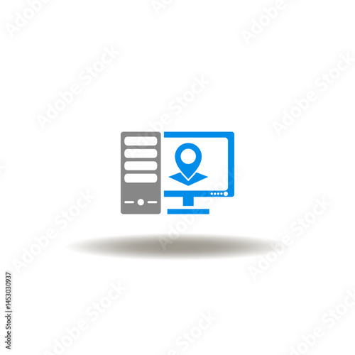 Vector illustration of computer with location place pointer. Symbol of proxy vpn server connection.