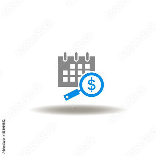 Obraz na płótnie Vector illustration of calendar and magnifying glass with dollar currency. Symbol of factoring. Icon of refinancing of overdue payment. w salonie