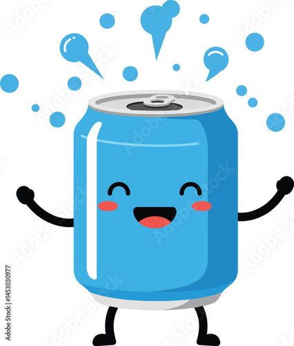 Happy blue soda can cartoon character with bubbles and joyful expression vector illustration 
