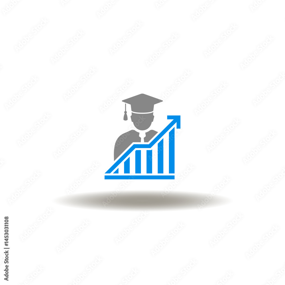 Vector illustration of growth graph and man with graduation cap. Symbol of MBA Master of Business Administration. Icon of educational statistics analysis.