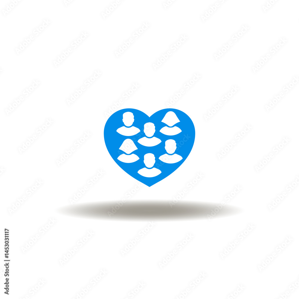 Vector illustration of heart with people. Symbol of NGO Non-Governmental Nonprofit Organizations. Icon of charity, goodness, love. Sign of humanity, friendliness.