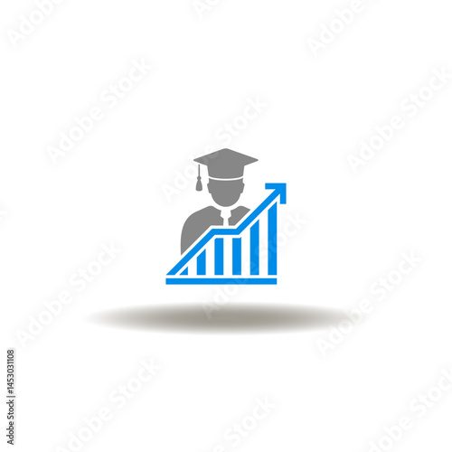 Obraz na płótnie Vector illustration of growth graph and man with graduation cap. Symbol of MBA Master of Business Administration. Icon of educational statistics analysis. w salonie