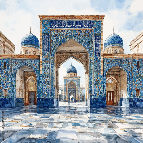 illustration of Al-Azhar Mosque Architecture, watercolor vector, isolated on a white background.
