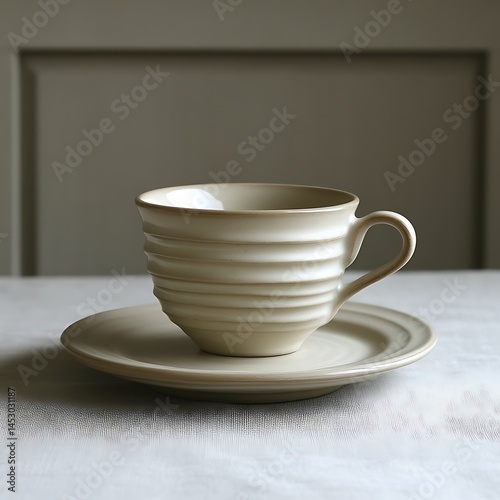 A cream colored teacup sits on a matching saucer calmly