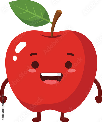 Cute red apple character with green leaf smiling happy cartoon fruit illustration vector 