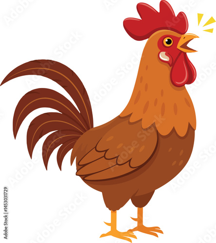 Rooster crowing on white background with red comb and brown feathers vector illustration 