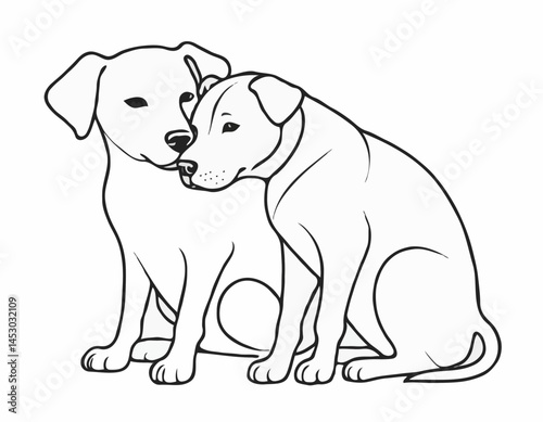 Detailed Line Art Composition of a Dog and Cat Nuzzling, Expressing Affection and Friendship, Perfect for Veterinary Clinics.