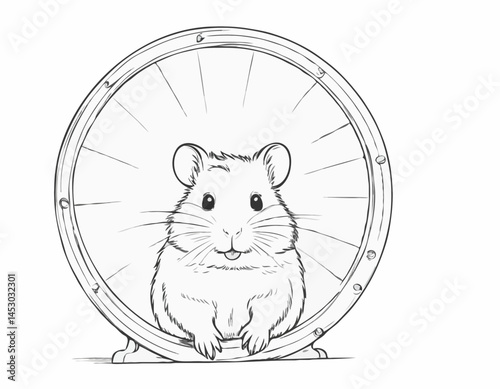 Hand-Drawn Line Art of a Hamster in a Wheel, Cute and Whimsical Illustration for Pet Supply Stores and Children's Products.