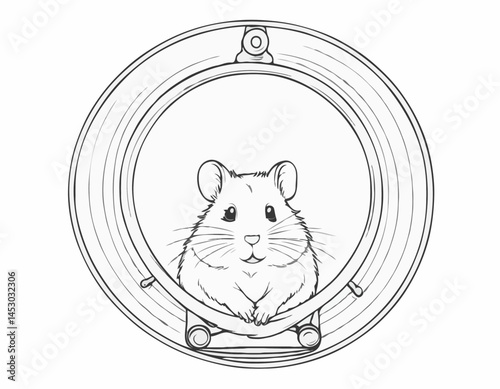Hand-Drawn Line Art of a Hamster in a Wheel, Cute and Whimsical Illustration for Pet Supply Stores and Children's Products.