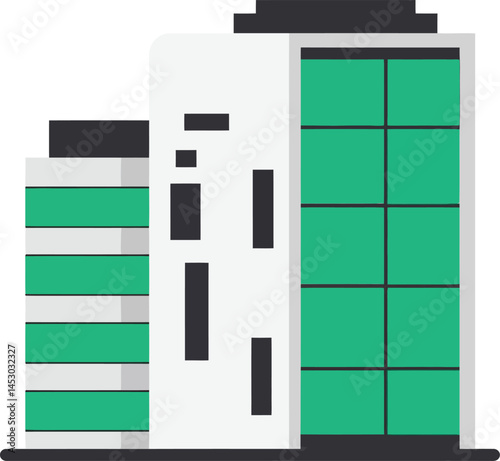 Modern office building with green glass facade and white exterior vector illustration design 