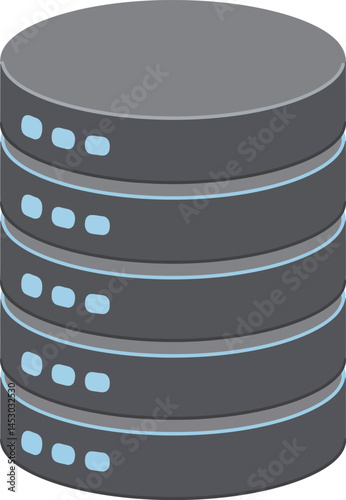Data storage server tower icon with blue indicator lights in gray flat vector illustration