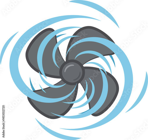 Cooling fan with swirling airflow blades vector illustration in blue and gray colors for ventilation design 