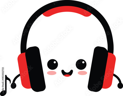 Cute cartoon music note character wearing black and red headphones vector illustration with happy face and musical elements 