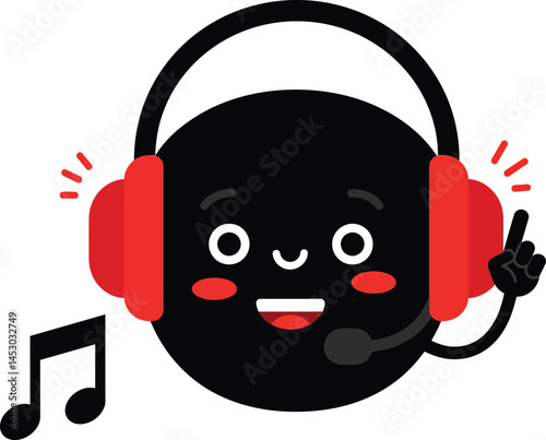 Smiling black round face wearing red headphones with microphone and music note vector illustration 