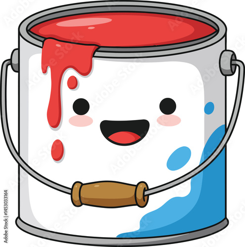 Cute smiling paint can with red and blue paint dripping colorful art supplies vector illustration 