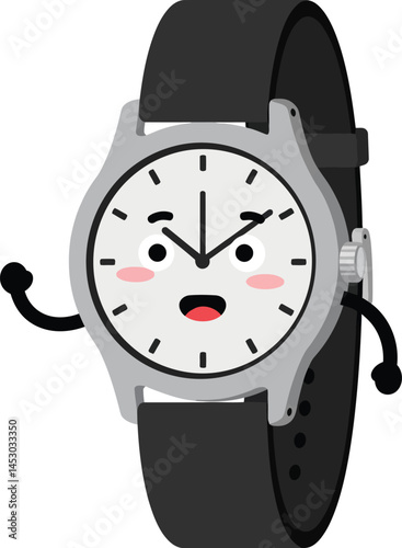 Animated wristwatch with black strap and expressive face showing time in vector illustration