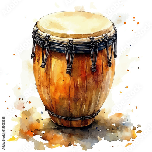 African Djembe Drum With Tribal Carvings, watercolor vector, isolated on a white background.