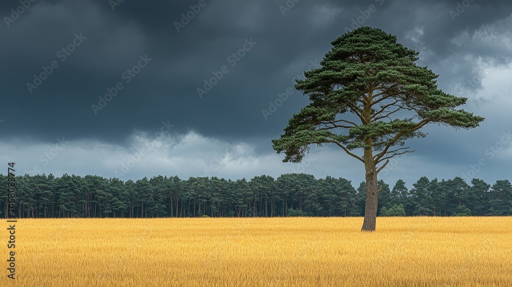Solitary pine tree stands tall in a golden field under dramatic sky.