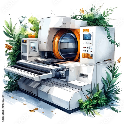 Advanced CNC Milling Machine, vector watercolor illustration, isolated on a white background.