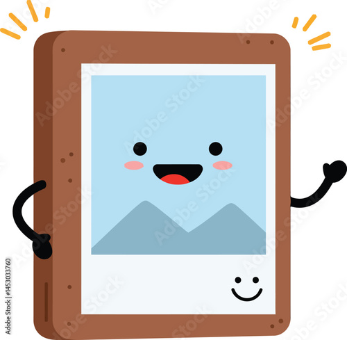 Smiling photo frame cartoon character with brown border and blue picture inside vector illustration 