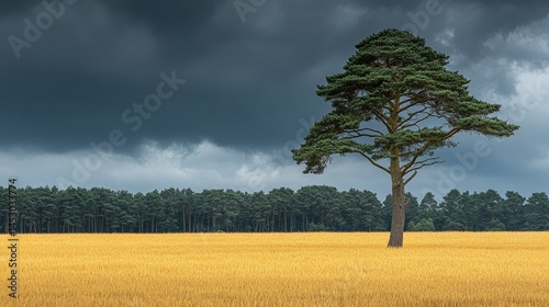 Solitary pine tree stands tall in a golden field under dramatic sky.
