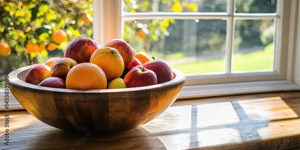 Wooden bowl overflowing with colorful fruits by window