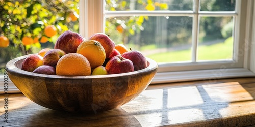 Obraz na płótnie Wooden bowl overflowing with colorful fruits by window w salonie