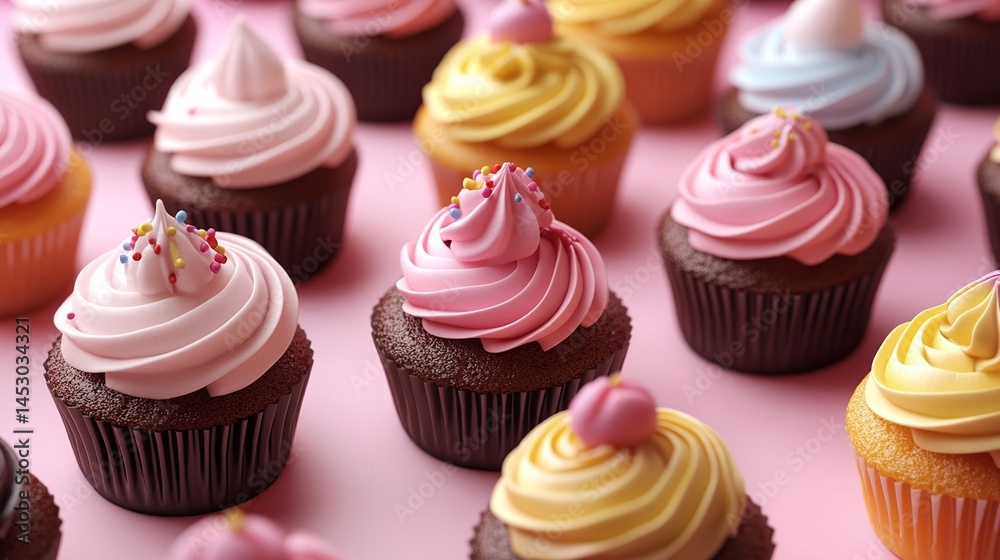 Colorful cupcakes with various frosting and sprinkles on a pink background. Close-up view of many cupcakes, showing detailed frosting and toppings Colorful cupcakes with various frosting and sprinkles on a pink background. Close-up view of many cupcakes, showing detailed frosting and toppings