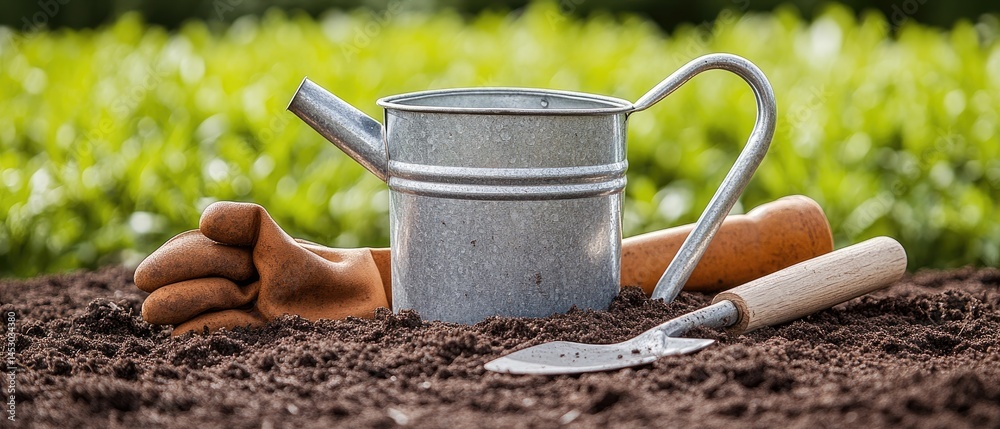Gardening tools resting on dark soil, ready for planting.