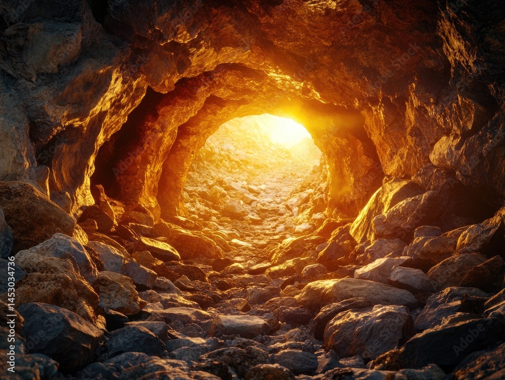 Sunlit tunnel through a rocky cave passage.