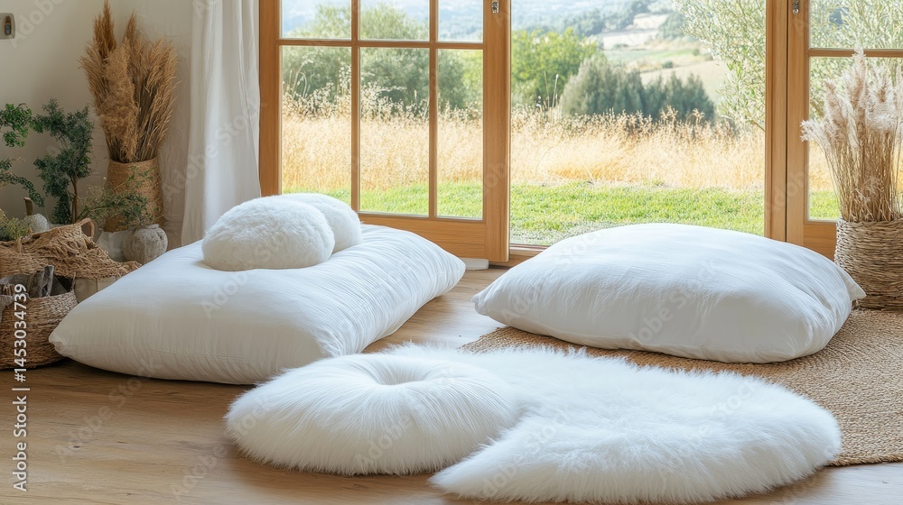 White floor cushions and pillows in a peaceful room.