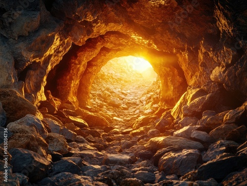 Obraz na płótnie Sunlit tunnel through a rocky cave passage. w salonie