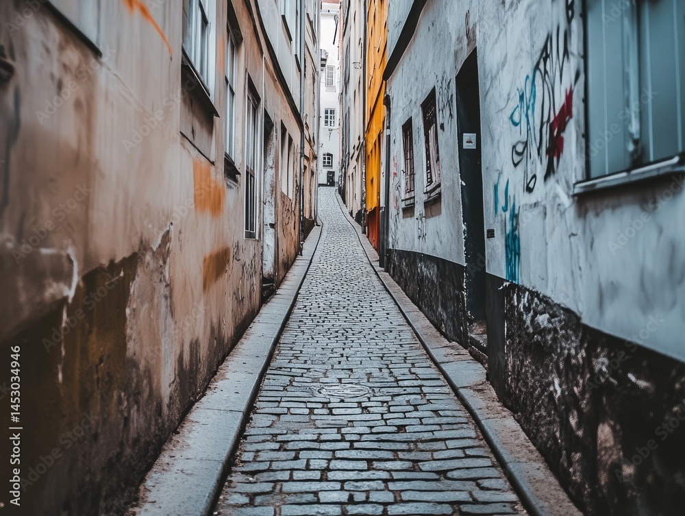 A narrow, cobblestone alleyway between weathered buildings.