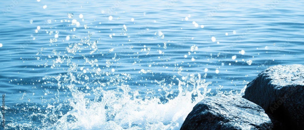 Gentle ocean waves crashing against rocks.